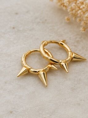 Gold Spike Huggie Hoop Earrings Edgy Minimalist